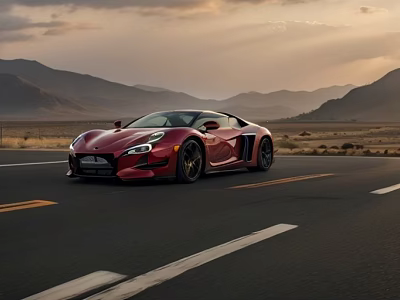 Red Sports Car Driving On Mountain Road During Sunset With Scenic Landscape 3d model