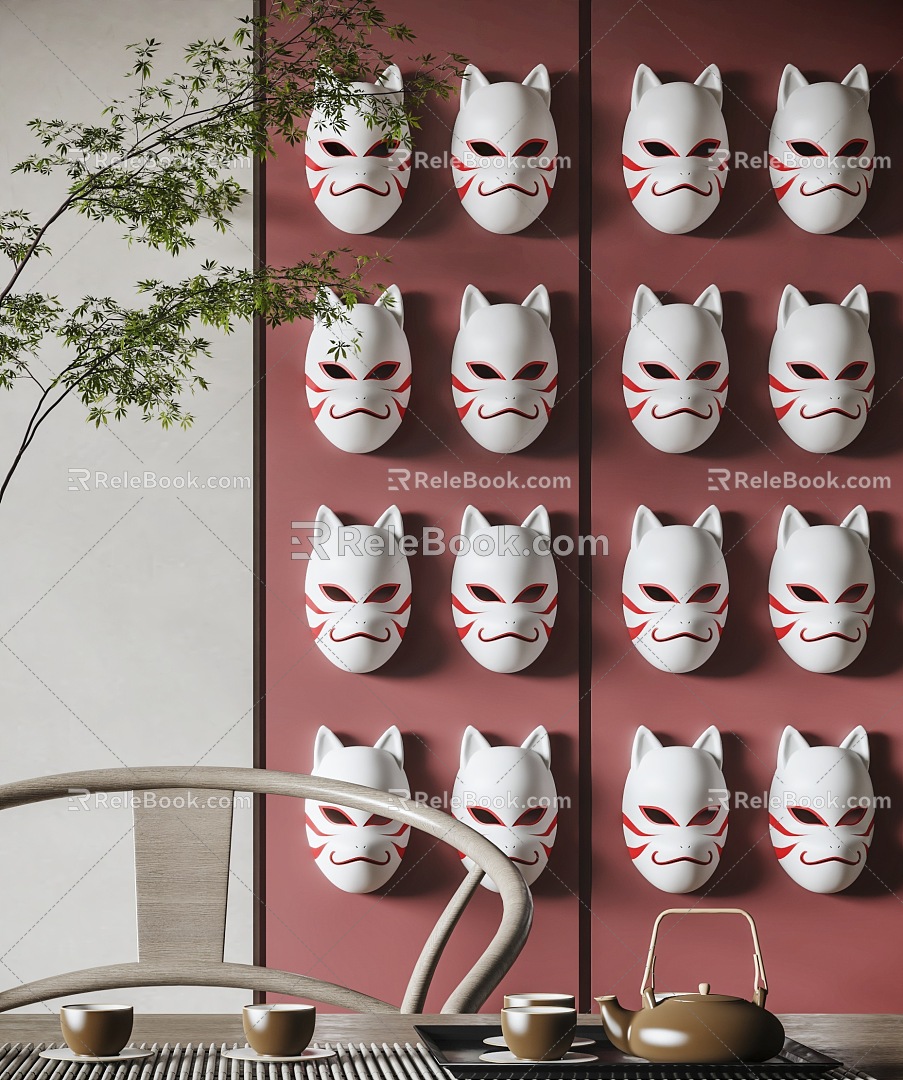 New Chinese Mask Wall Decoration Fox Mask Wall Decoration Japanese Mask Hanging Decoration Tea Set Tang Mask 3d model