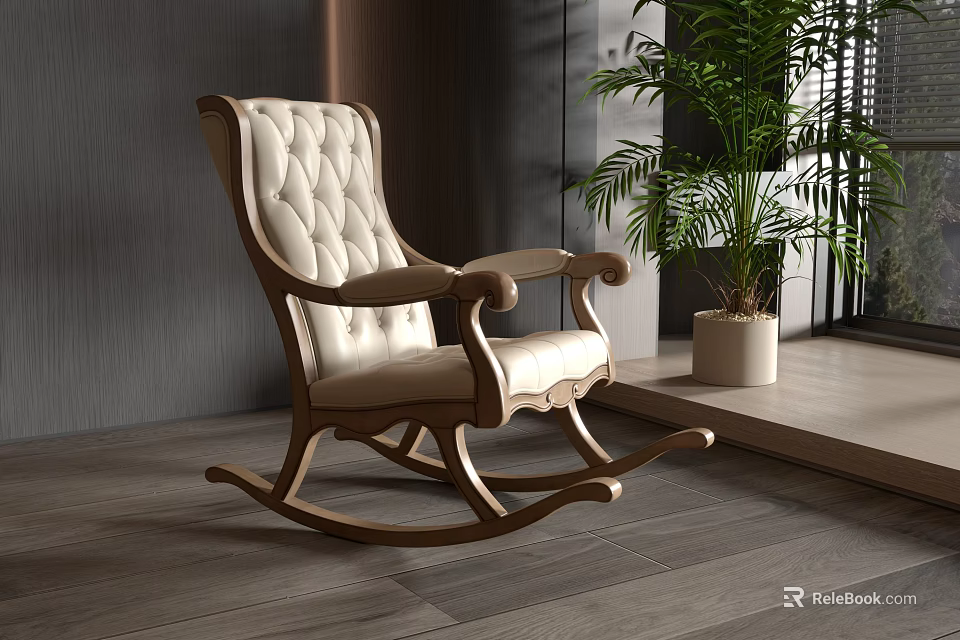 Beige Padded Rocking Chair With Wooden Frame On Gray Floor Near Green Plant And Window 3d model 