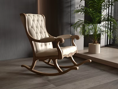 Beige Padded Rocking Chair With Wooden Frame On Gray Floor Near Green Plant And Window 3d model