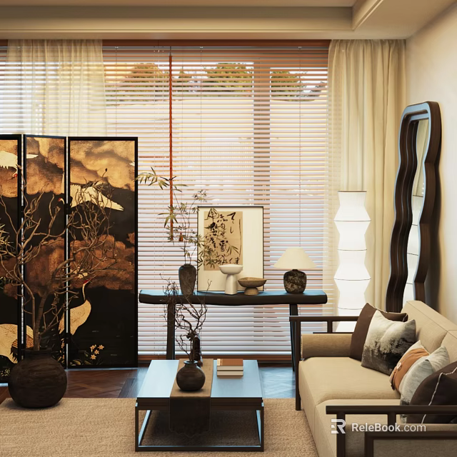 Traditional Chinese Sofa And Coffee Table Set Interior With Wooden Screen And Decorative Lamps 3d model 