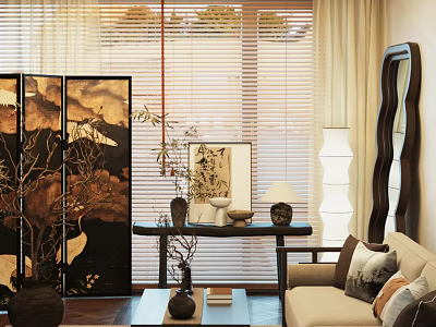 Traditional Chinese Sofa And Coffee Table Set Interior With Wooden Screen And Decorative Lamps 3d model
