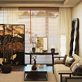 Traditional Chinese Sofa And Coffee Table Set Interior With Wooden Screen And Decorative Lamps