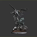 Winged Armored Game Movie Character Battling Blue Warrior On Rock Base With Flames