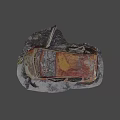 Burnt Rusted Orange Car With Open Doors Ash Around And Damaged Parts