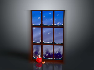 Winter Snow Scenery Through Window With Falling Snow Red Cup And Steam At Night 3d model