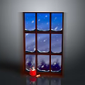 Winter Snow Scenery Through Window With Falling Snow Red Cup And Steam At Night