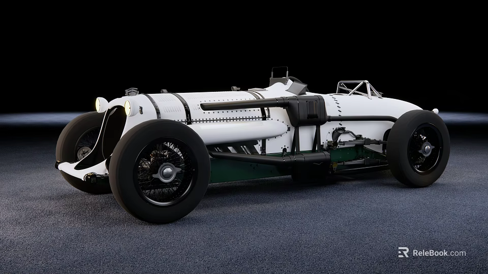 Vintage White Race Car With Open Design And Exposed Mechanical Parts On Gray Surface 3d model 