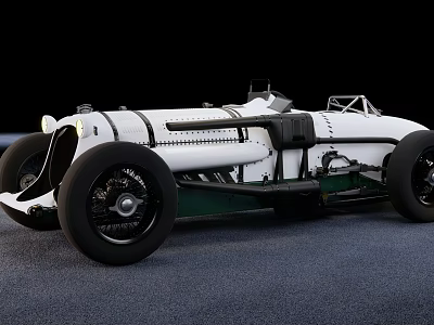 Vintage White Race Car With Open Design And Exposed Mechanical Parts On Gray Surface 3d model
