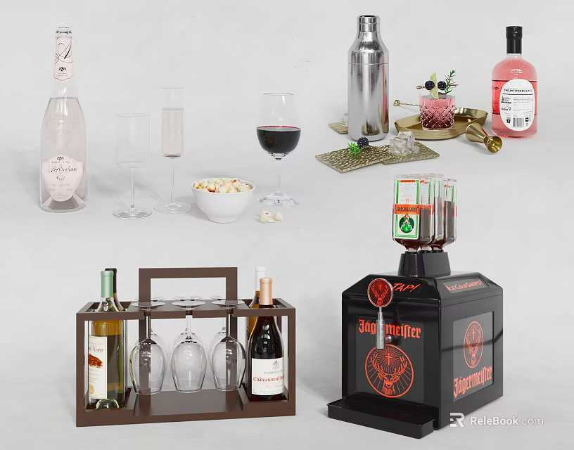 Stylish Wine Bottles And Glasses With Cocktail Shaker And Bar Tools Set 3d model 