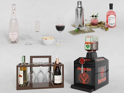Stylish Wine Bottles And Glasses With Cocktail Shaker And Bar Tools Set 3d model