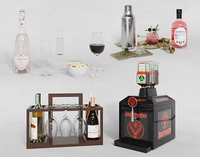 Stylish Wine Bottles And Glasses With Cocktail Shaker And Bar Tools Set 3d model