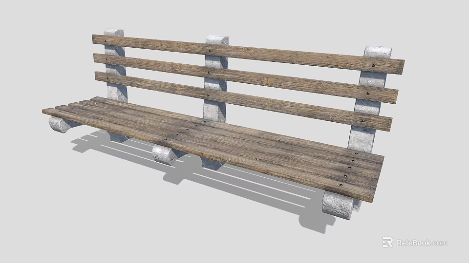 Wooden Outdoor Bench With Slatted Seat Backrest And Concrete Support Legs 3d model 