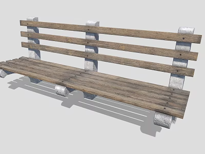 Wooden Outdoor Bench With Slatted Seat Backrest And Concrete Support Legs 3d model