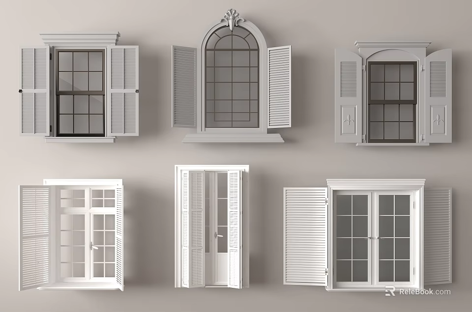 Various Window Designs With Shutters And Architectural Style Elements For Homes 3d model 