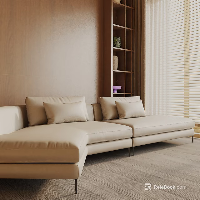 Beige Three-Seater Sofa with Cushions in Living Room with Wooden Wall Shelf and Blinds 3d model 