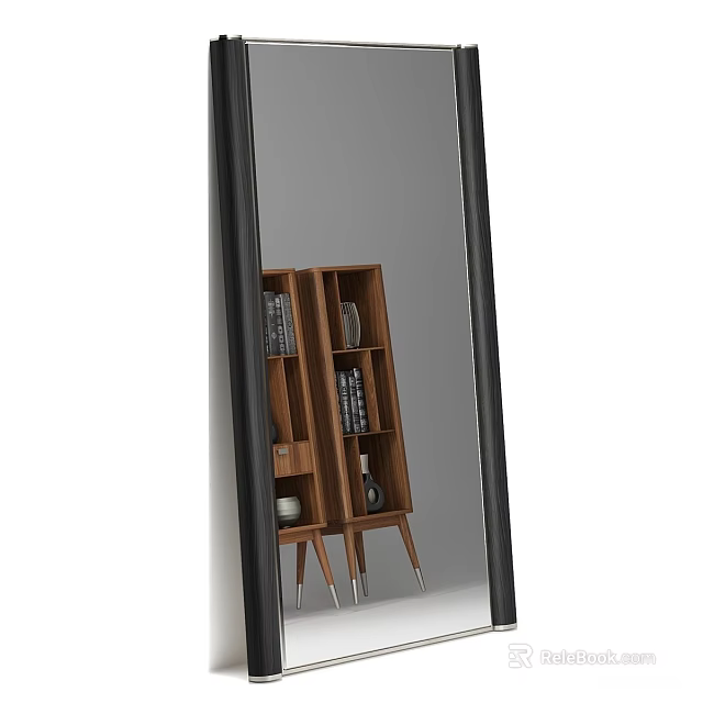Black Framed Full Length Mirror Reflecting Wooden Bookshelf With Books And Decor Items 3d model 
