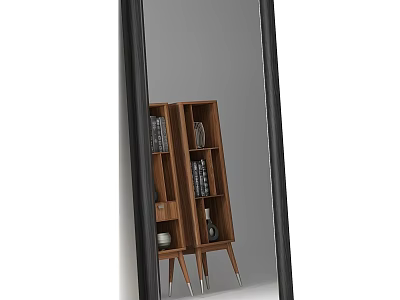 Black Framed Full Length Mirror Reflecting Wooden Bookshelf With Books And Decor Items 3d model