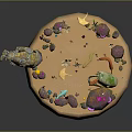 Enchanted Circular Sand Landscape with Colorful Rocks Plants Dinosaur Skull Fish and Flying Submarine