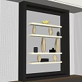 Modern Floating Wall Shelving Unit With White Shelves Golden Ornaments Clear Crystal And Black Boxes