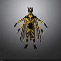 Yellow and Black Wasp 3D Model Creature with Horned Head Wings and Multiple Limbs