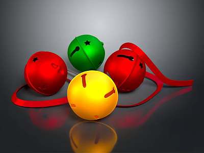 Colorful Household Bells In Red Green Yellow With Red Ribbons For Decoration 3d model
