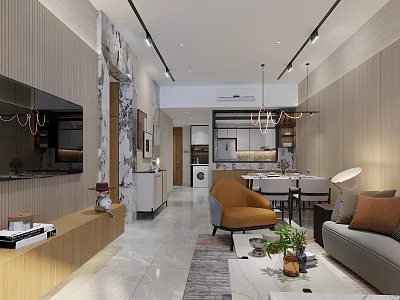 Modern Living Dining Room Interior With Sofa Coffee Table Dining Table And Chandelier 3d model