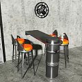 Metallic Circular Bar Counter With Star Emblem And Orange Padded High Stools In Grey Backdrop