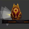 Ornate Mythical Weapon With Red And Gold Fiery Wing Decorations On Purple Orange Circular Platform