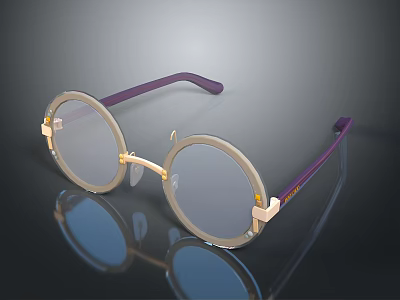 Elegant Jewelry Glasses With Round Lenses Gold Frame And Purple Temples 3d model