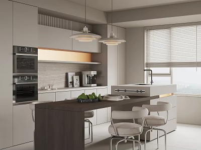 Modern Open Restaurant Kitchen Interior With Island Counter Cabinets And Pendant Lights 3d model