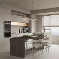 Modern Open Restaurant Kitchen Interior With Island Counter Cabinets And Pendant Lights