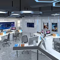 Modern Public Office Interior Design With Hexagonal Lighting Workstations And Computers 3d model