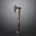 Decorative Axe With Intricate Metal Head And Carved Wooden Handle