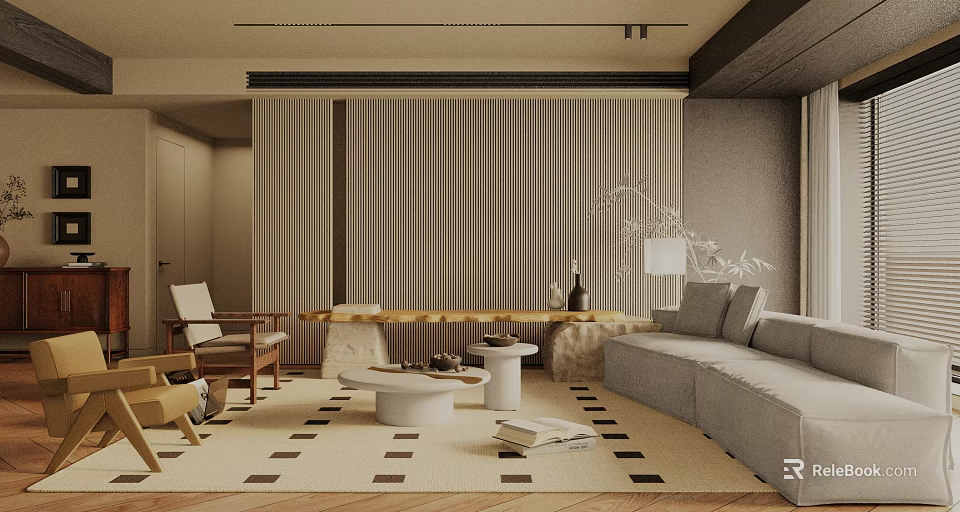 Modern Minimalist Living Room Interior With Striped Wall Paneling Light Gray Sofa And Geometric Rug 3d model 