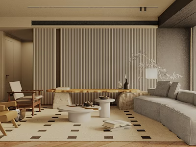 Modern Minimalist Living Room Interior With Striped Wall Paneling Light Gray Sofa And Geometric Rug 3d model
