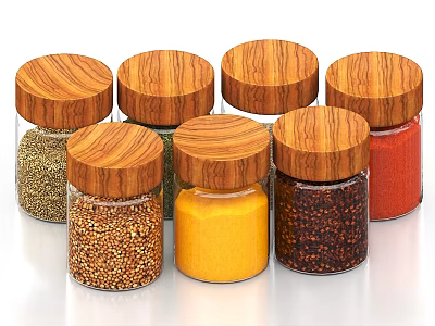 Glass Spice Jars With Wooden Lids Containing Assorted Spices On White Background 3d model