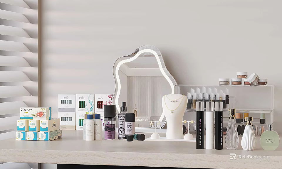 Elegant Perfume Cosmetics Vanity Display With Skincare Products And Makeup Collection 3d model 