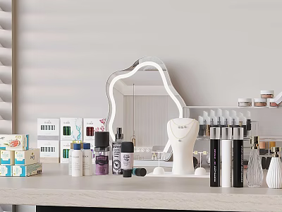 Elegant Perfume Cosmetics Vanity Display With Skincare Products And Makeup Collection 3d model