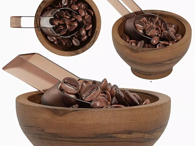 Roasted Coffee Beans In Wooden Bowl With Metal Scoop 3d model