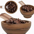 Roasted Coffee Beans In Wooden Bowl With Metal Scoop