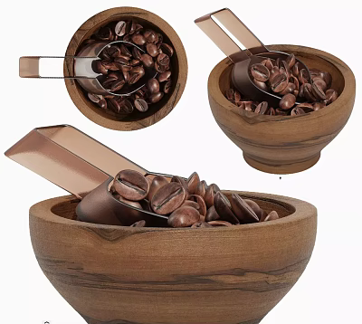 Roasted Coffee Beans In Wooden Bowl With Metal Scoop 3d model