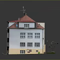 Multi Story Red Roof Building With White Yellow Exterior Many Windows Green Lawn And Pool