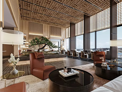 Modern Lounge Area With Wooden Lattice Ceiling Large Windows Brown Armchairs Round Coffee Tables 3d model