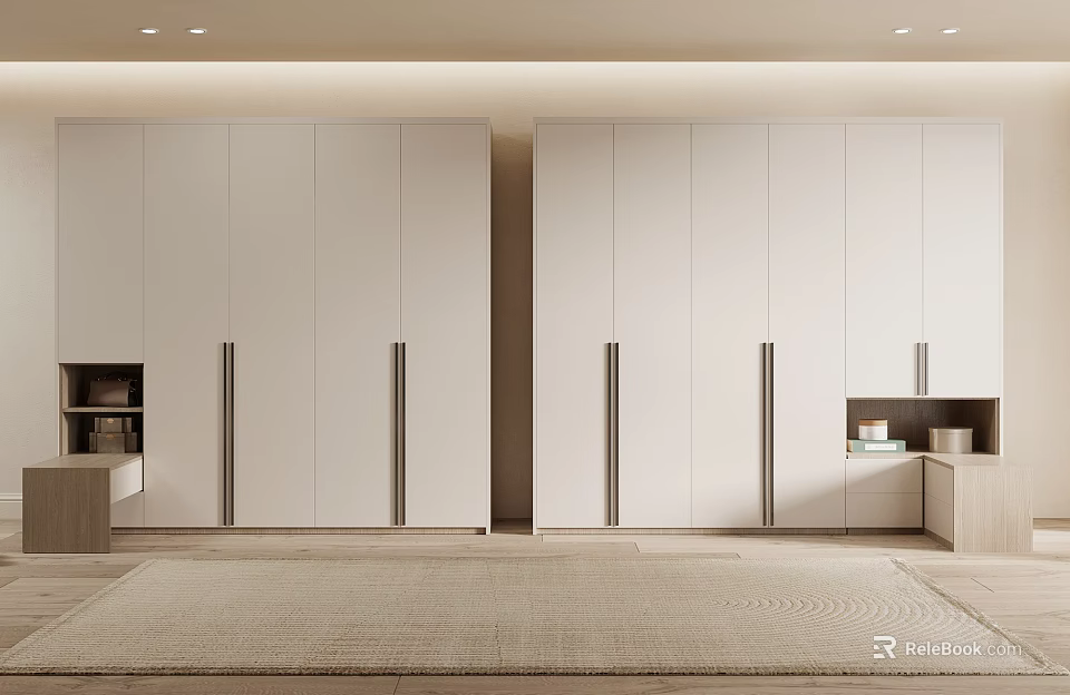 Modern White Wardrobe With Multiple Panel Doors Metal Handles And Side Storage In Minimalist Room Interior 3d model 