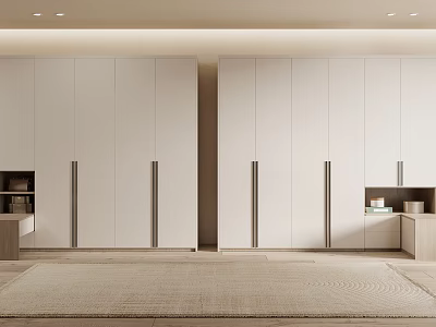 Modern White Wardrobe With Multiple Panel Doors Metal Handles And Side Storage In Minimalist Room Interior 3d model