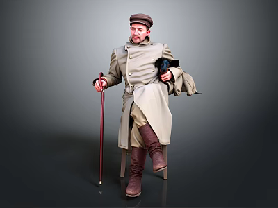 Vintage Long Trench Coat With Hat Cane And Leather Boots On Wooden Chair 3d model