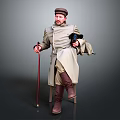 Vintage Long Trench Coat With Hat Cane And Leather Boots On Wooden Chair