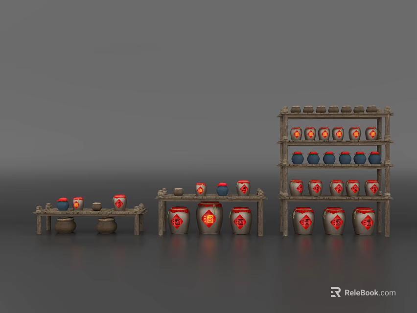 Household Storage Jars And Containers On Wooden Shelves With Red Labels White Patterns 3d model 