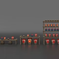 Household Storage Jars And Containers On Wooden Shelves With Red Labels White Patterns